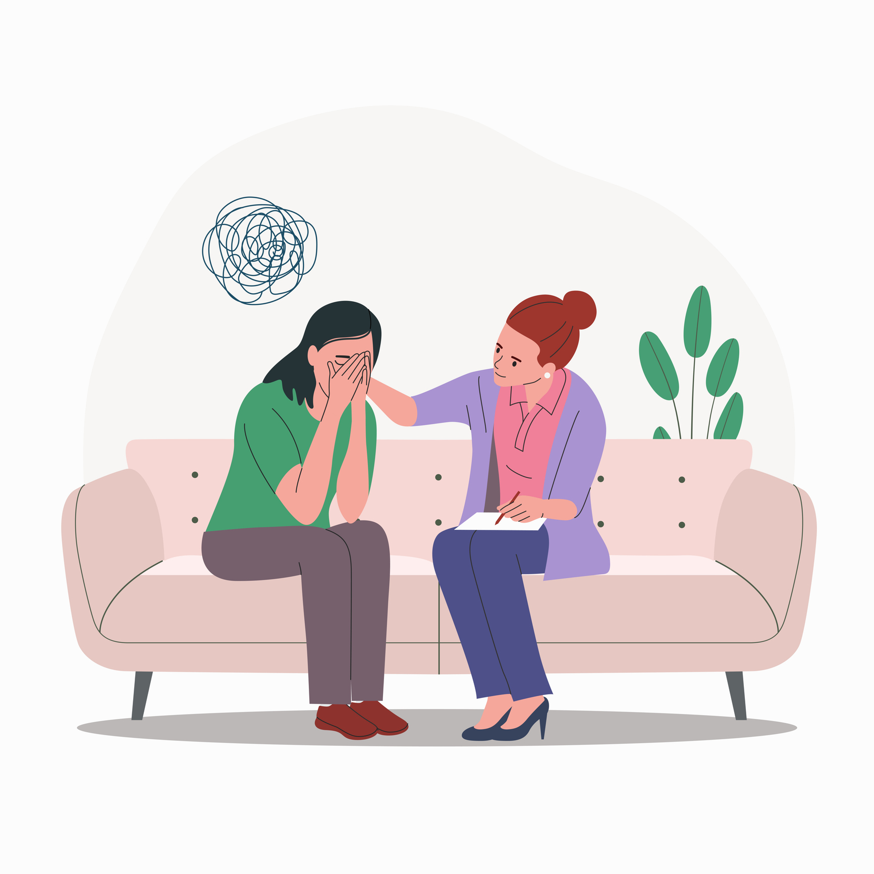 Sad woman sitting with his head in his hands. Psychological support. Doldrums concept. Vector flat cartoon illustration.